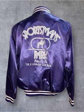 Sportsman's Park Satin Bomber Jacket - Purple with White Graphics